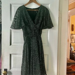 DKNY ruffled, spotted green and black dress
